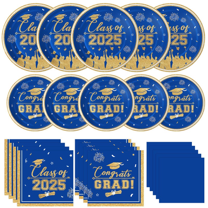 Graduation Plates and Napkins 2025 Graduation Party Supplies Class of 2025 Congrats Grad Disposable Paper Plates Cocktail Napkins Set for Blue and Gold 2025 Graduations Party Decorations Serve 25